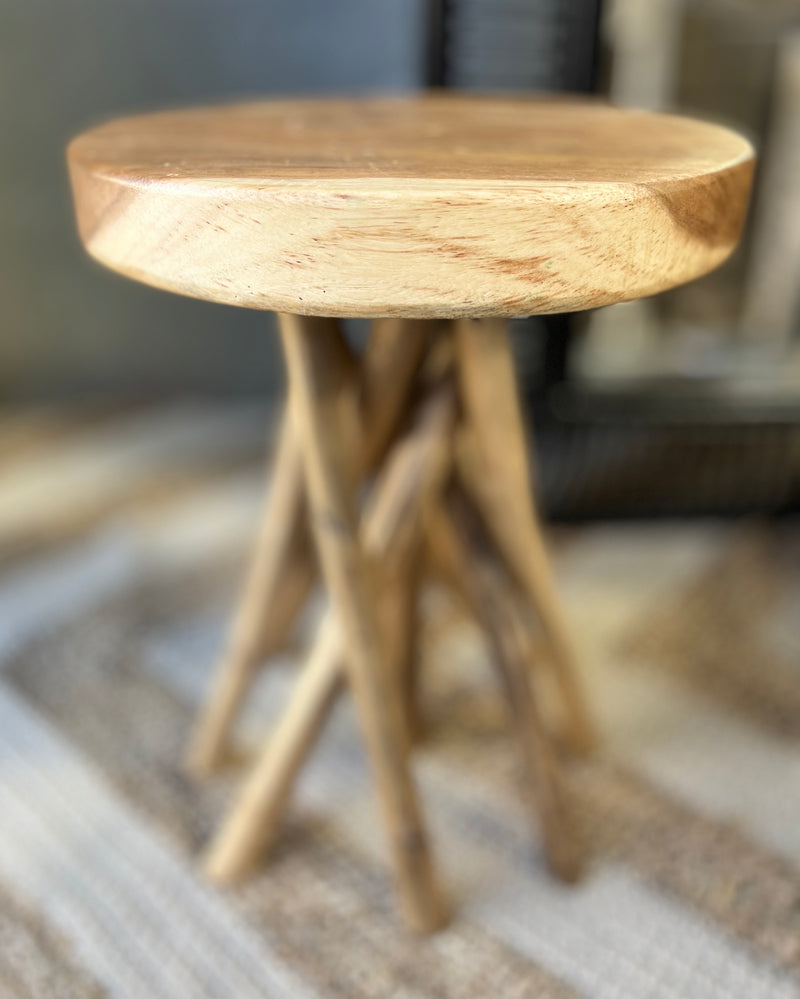 Timber round stool / side table. Angled legs. Natural