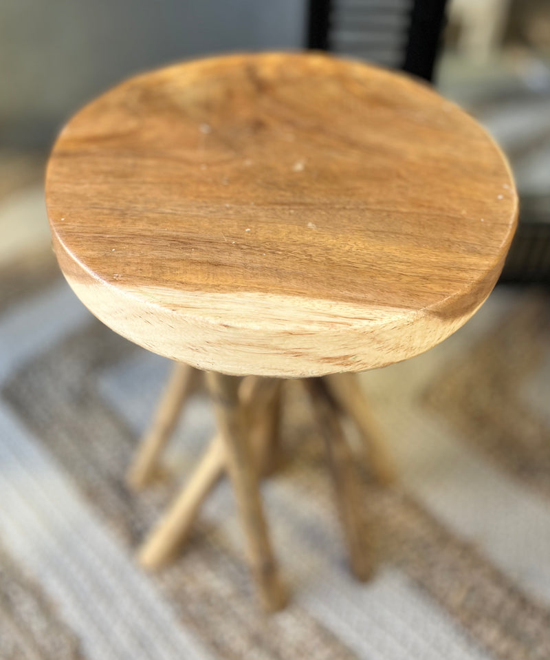 Timber round stool / side table. Angled legs. Natural