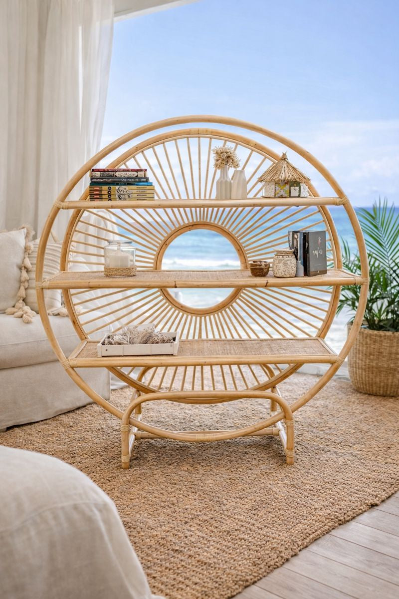 Handmade Bali Round Cane Display Stand | Coastal Boho Furniture
