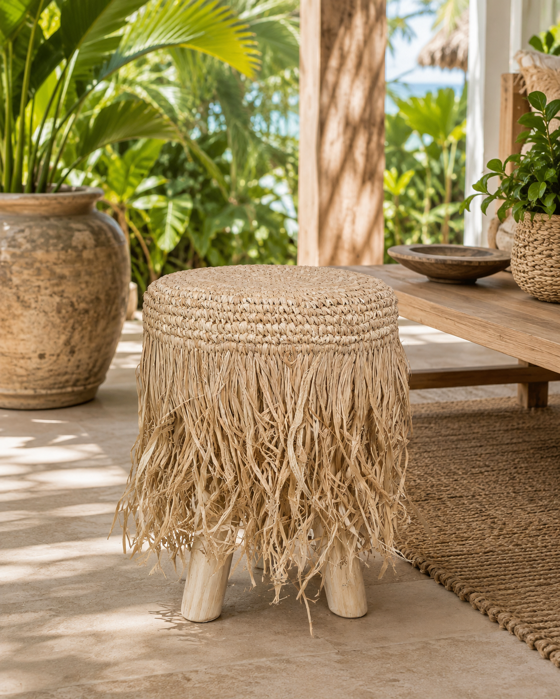 Handcrafted Bali Raffia Fringe Stool – Artisan Made Natural Furniture