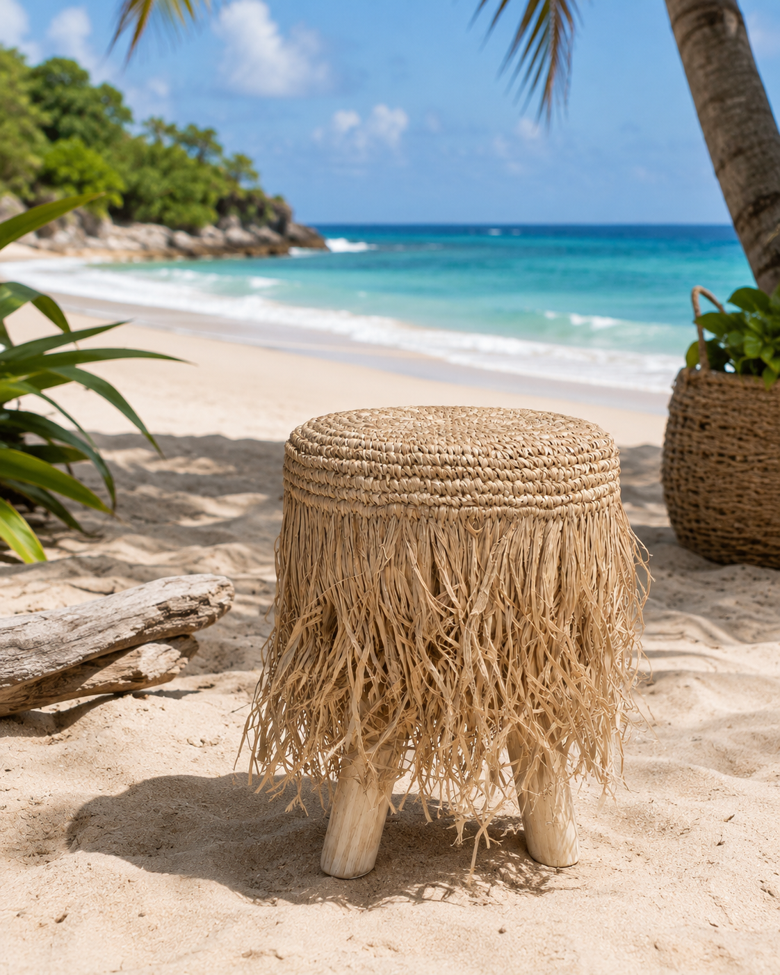 Handcrafted Bali Raffia Fringe Stool – Artisan Made Natural Furniture