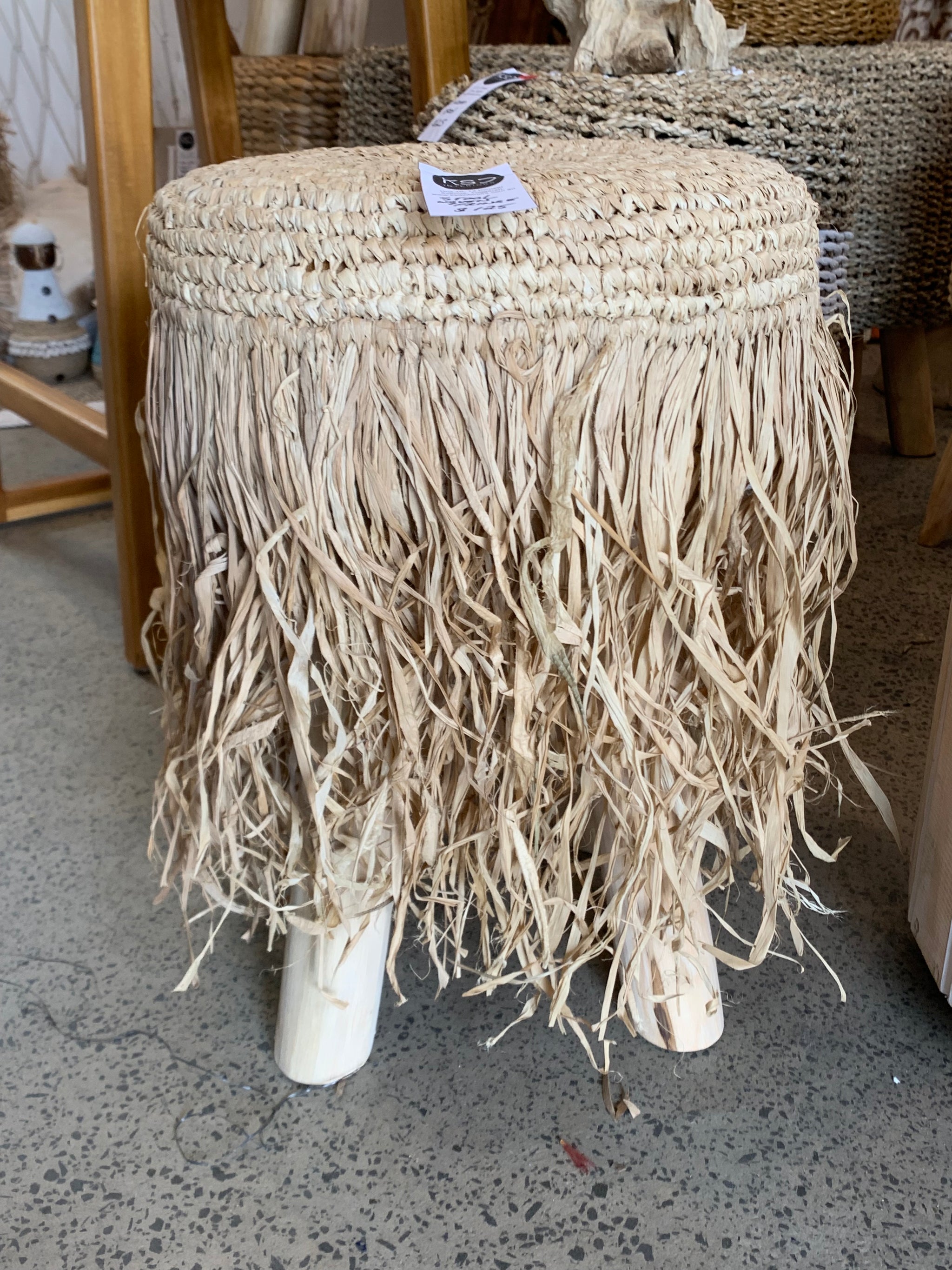 Handcrafted Bali Raffia Fringe Stool – Artisan Made Natural Furniture