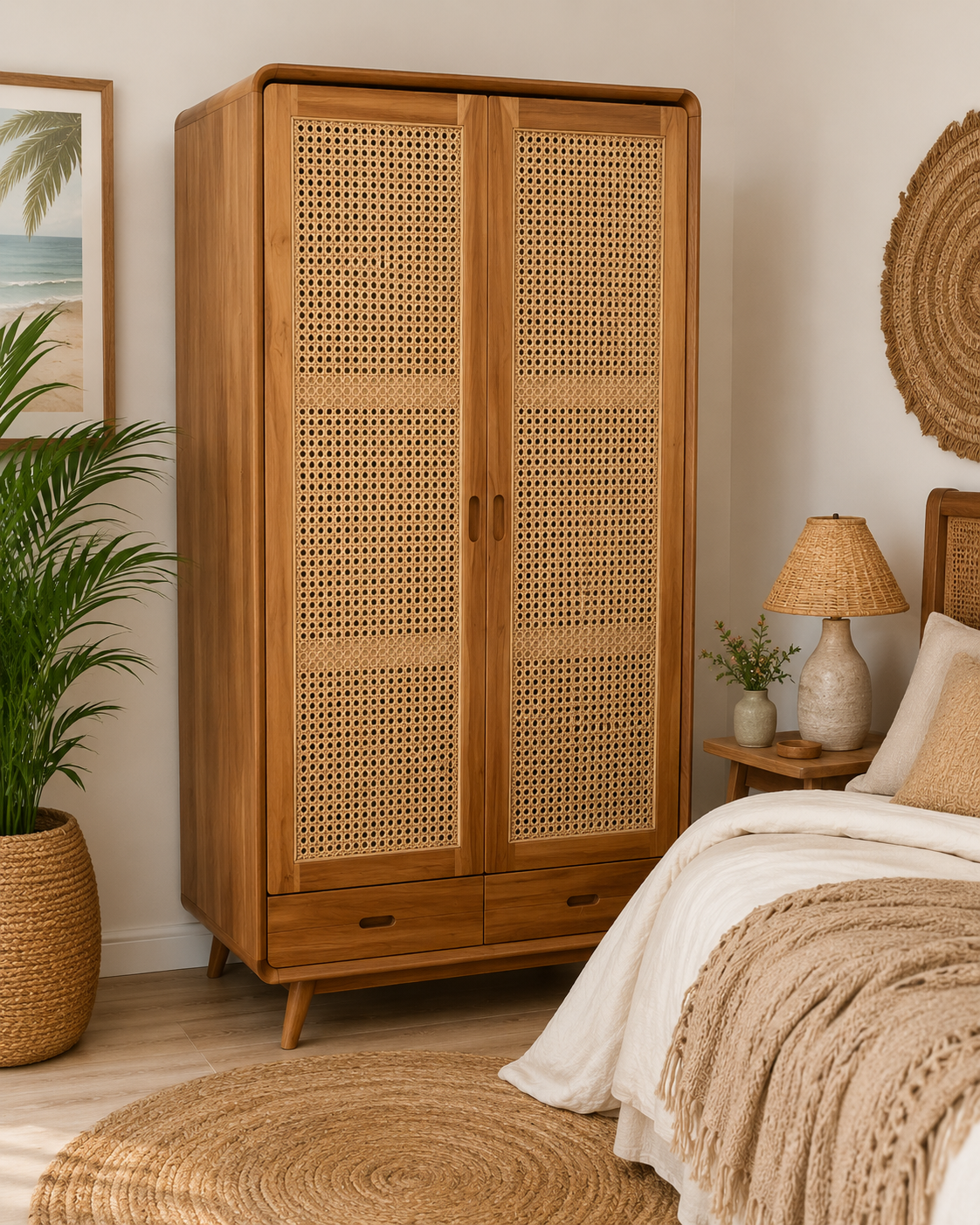 Handmade Teak & Rattan Wardrobe – Balinese Coastal Boho Furniture
