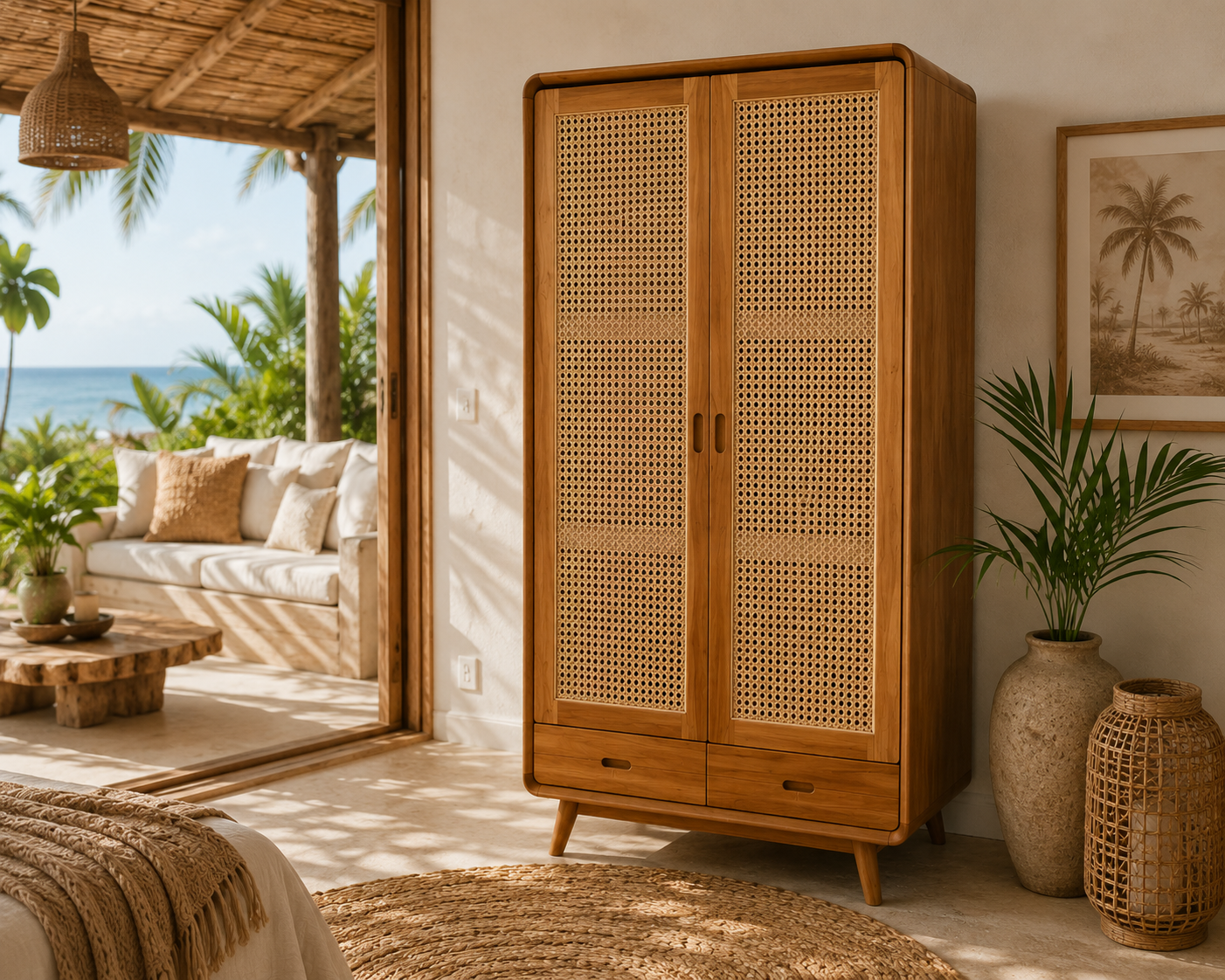 Handmade Teak & Rattan Wardrobe – Balinese Coastal Boho Furniture