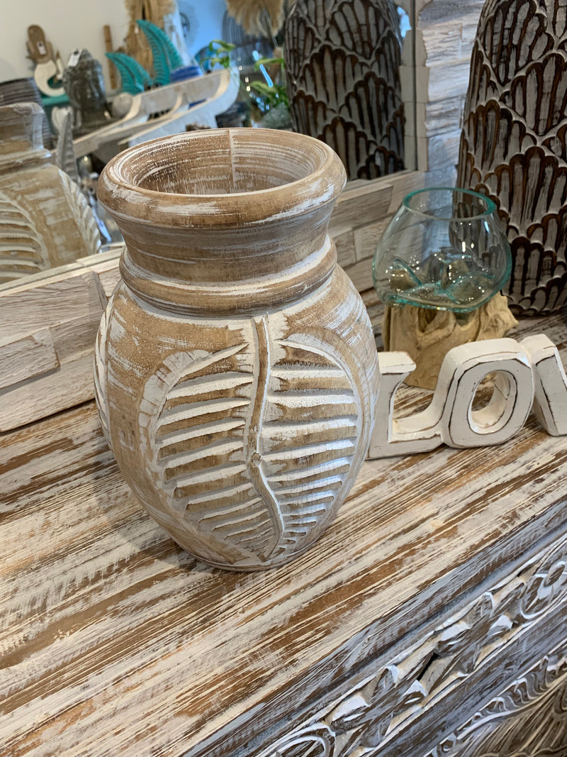 White wash carved timber vase. Medium