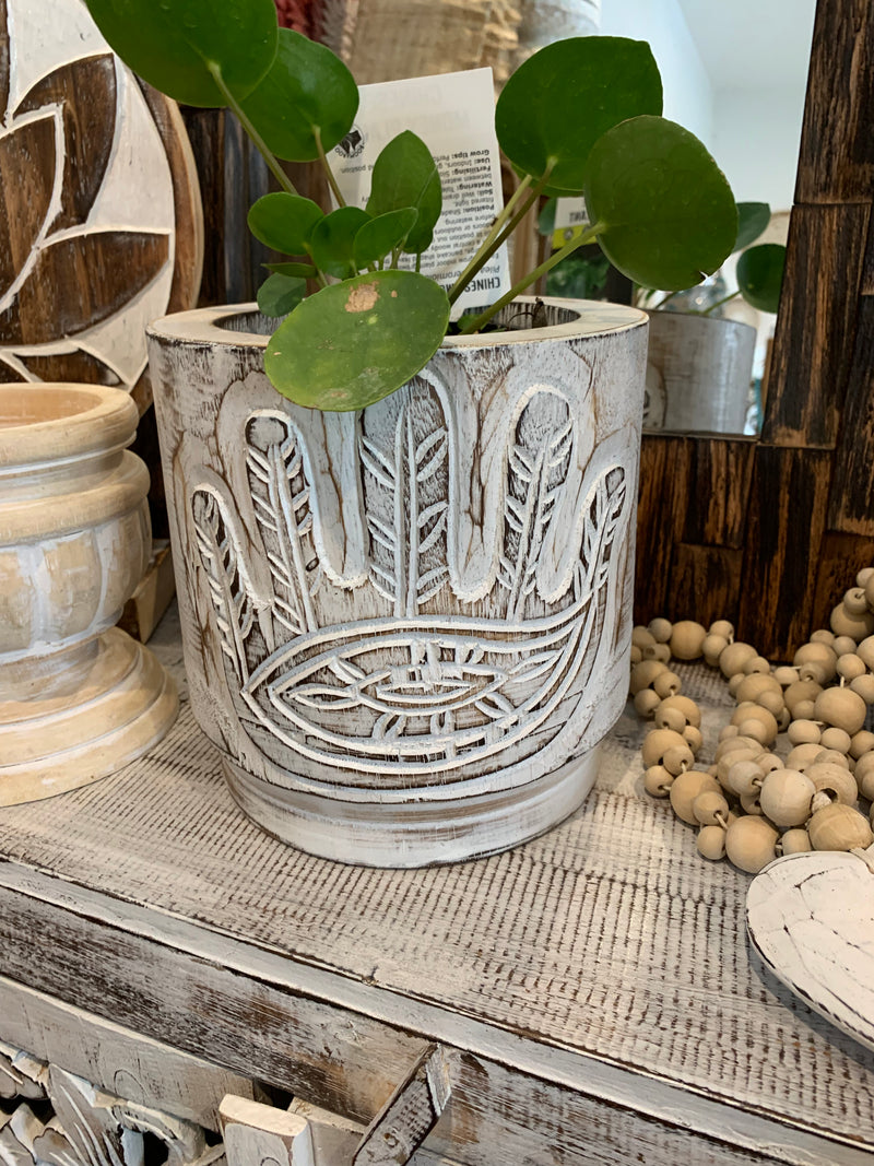 White timber vase / pot. Hamsa hand carving