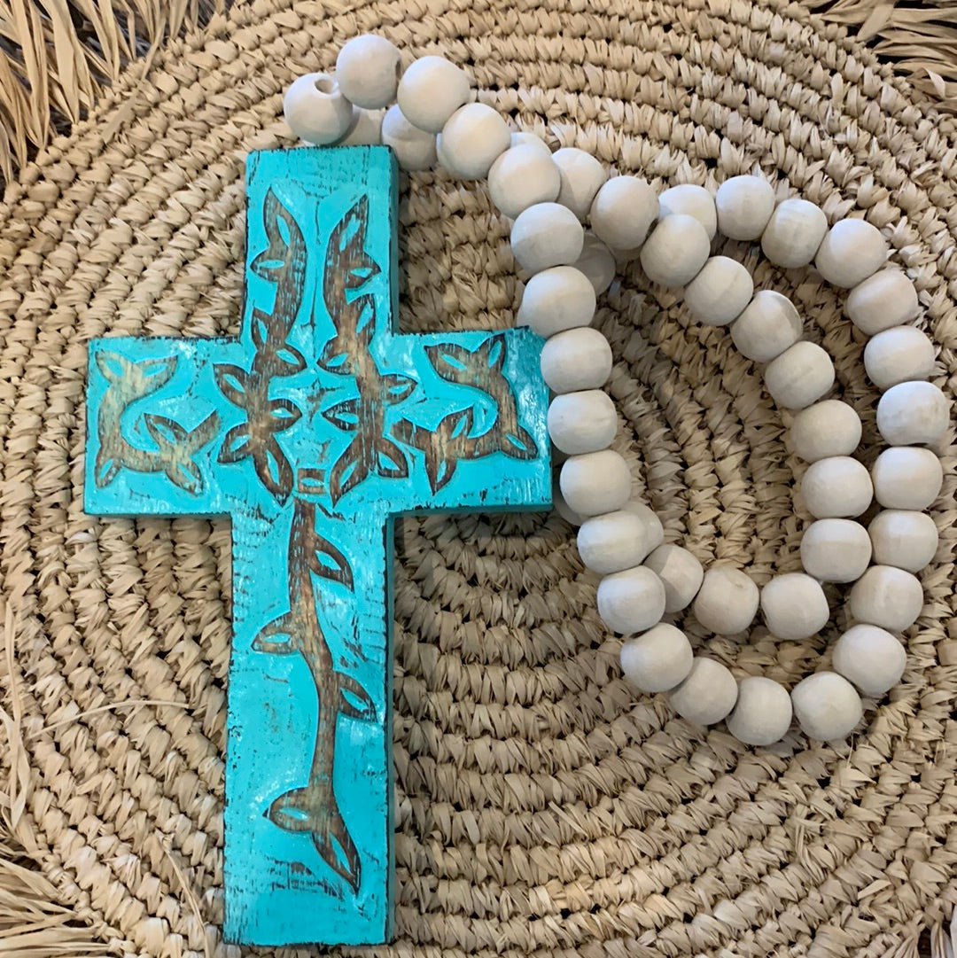 Turquoise carved timber cross with natural beads