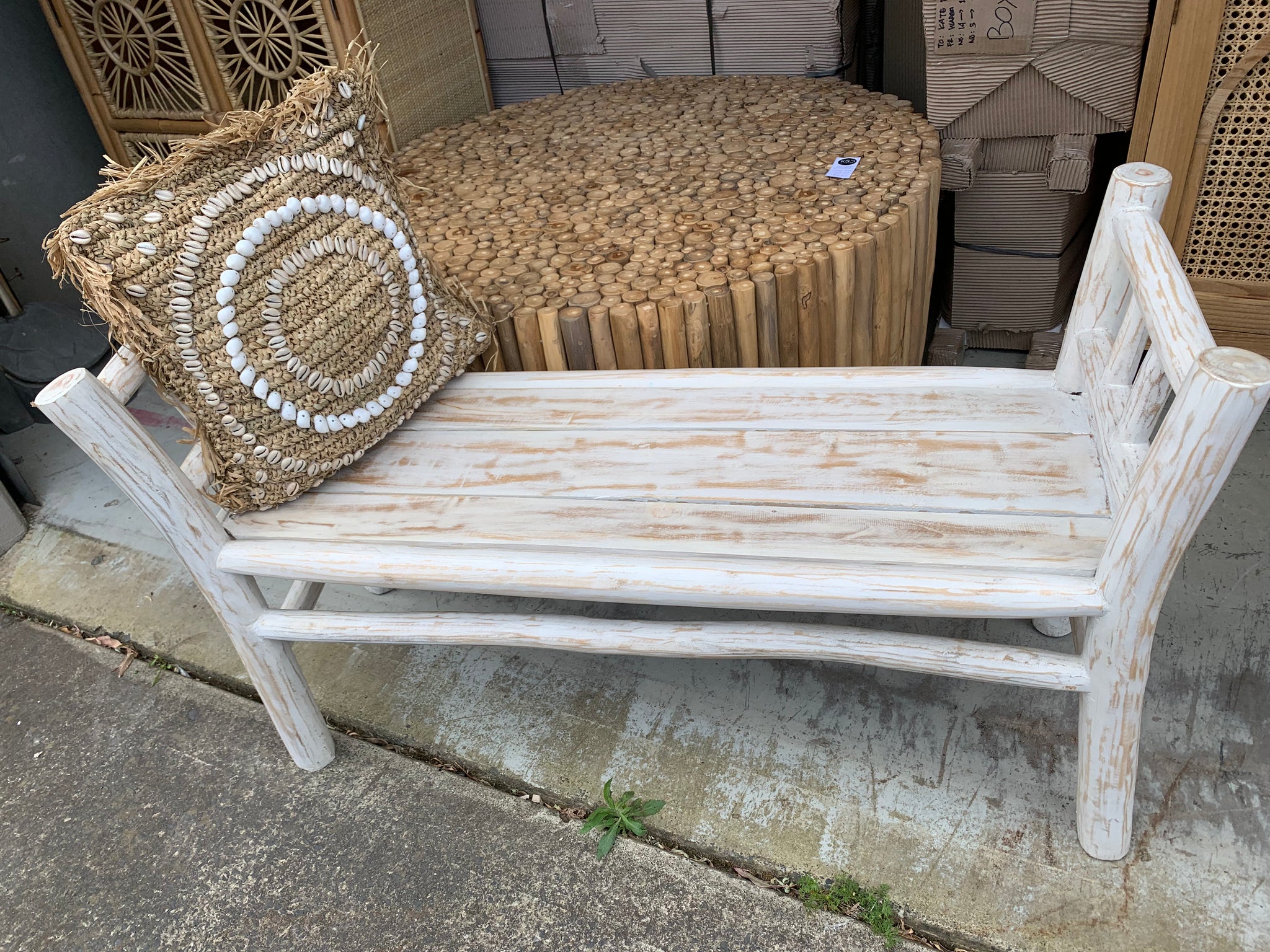 Square raffia cushion and insert with shell design