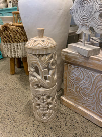 White wash timber carved container with lid