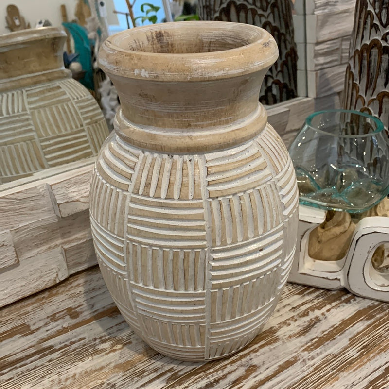 White wash / natural carved timber vase. Medium