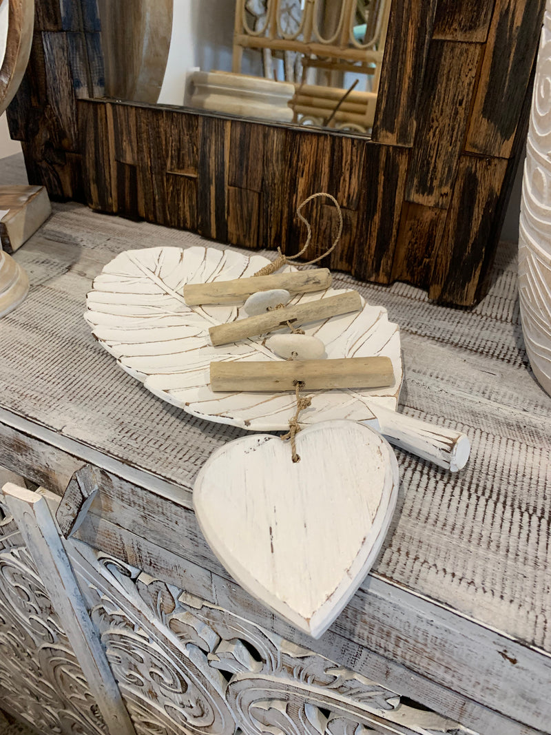 Timber leaf platter. Rustic white finish. Small