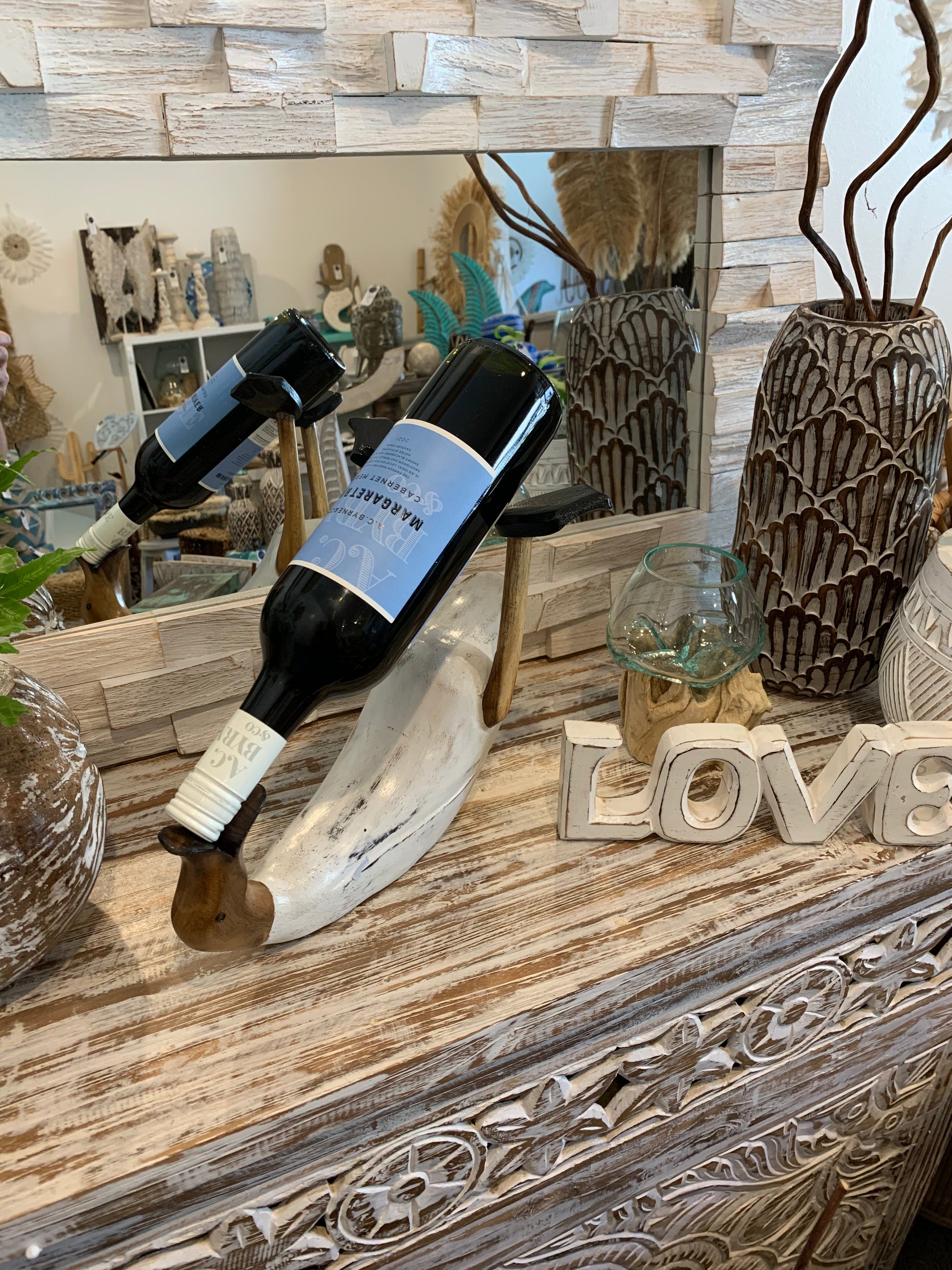 White timber duck wine holder. - Bali Beach Beyond