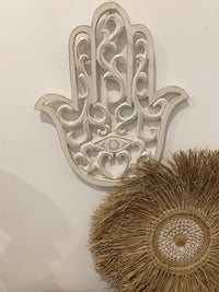 Hamsa handcarved white wash hand. 34 x 40cm