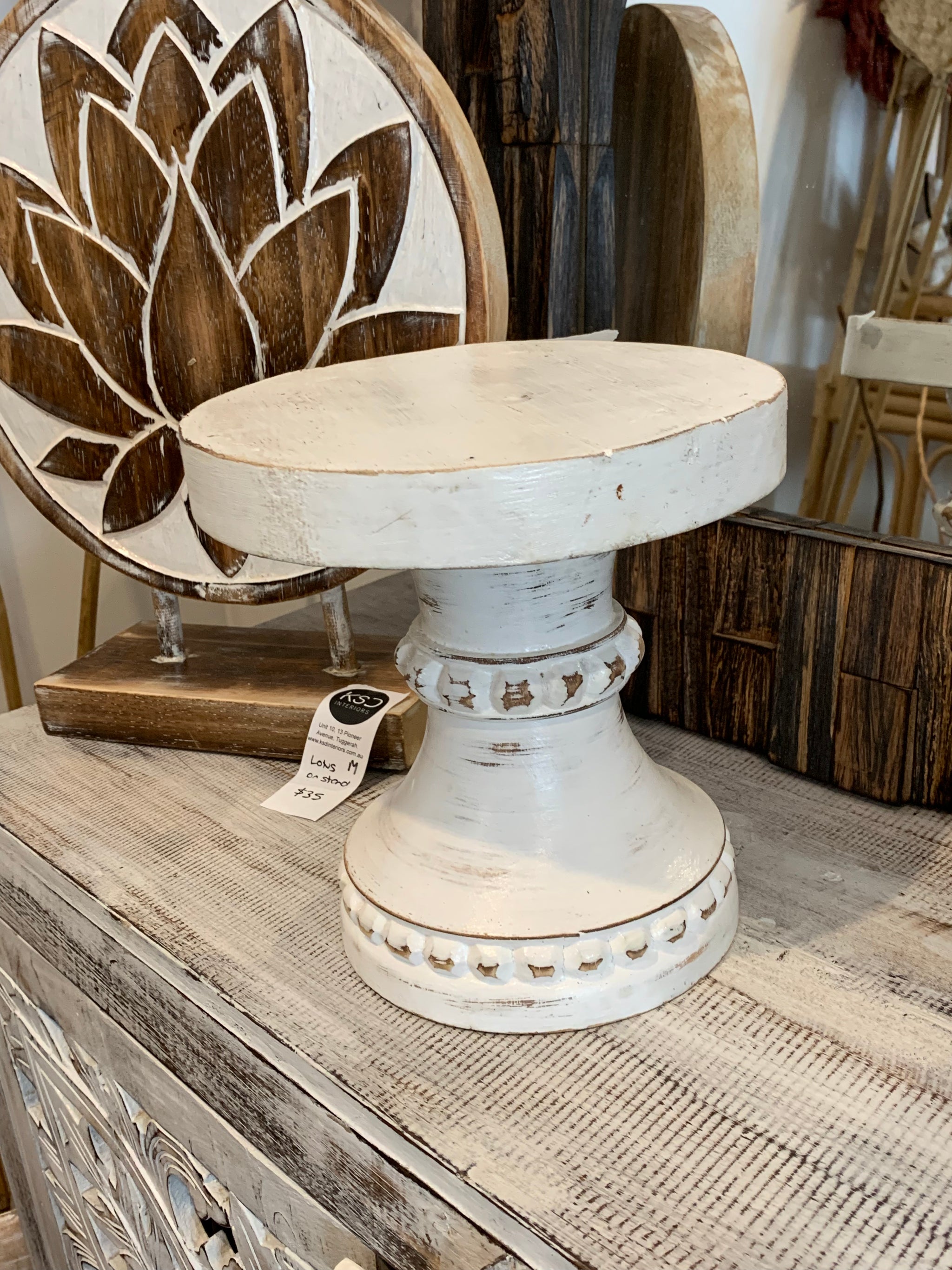 Timber pedestal. Rustic white small