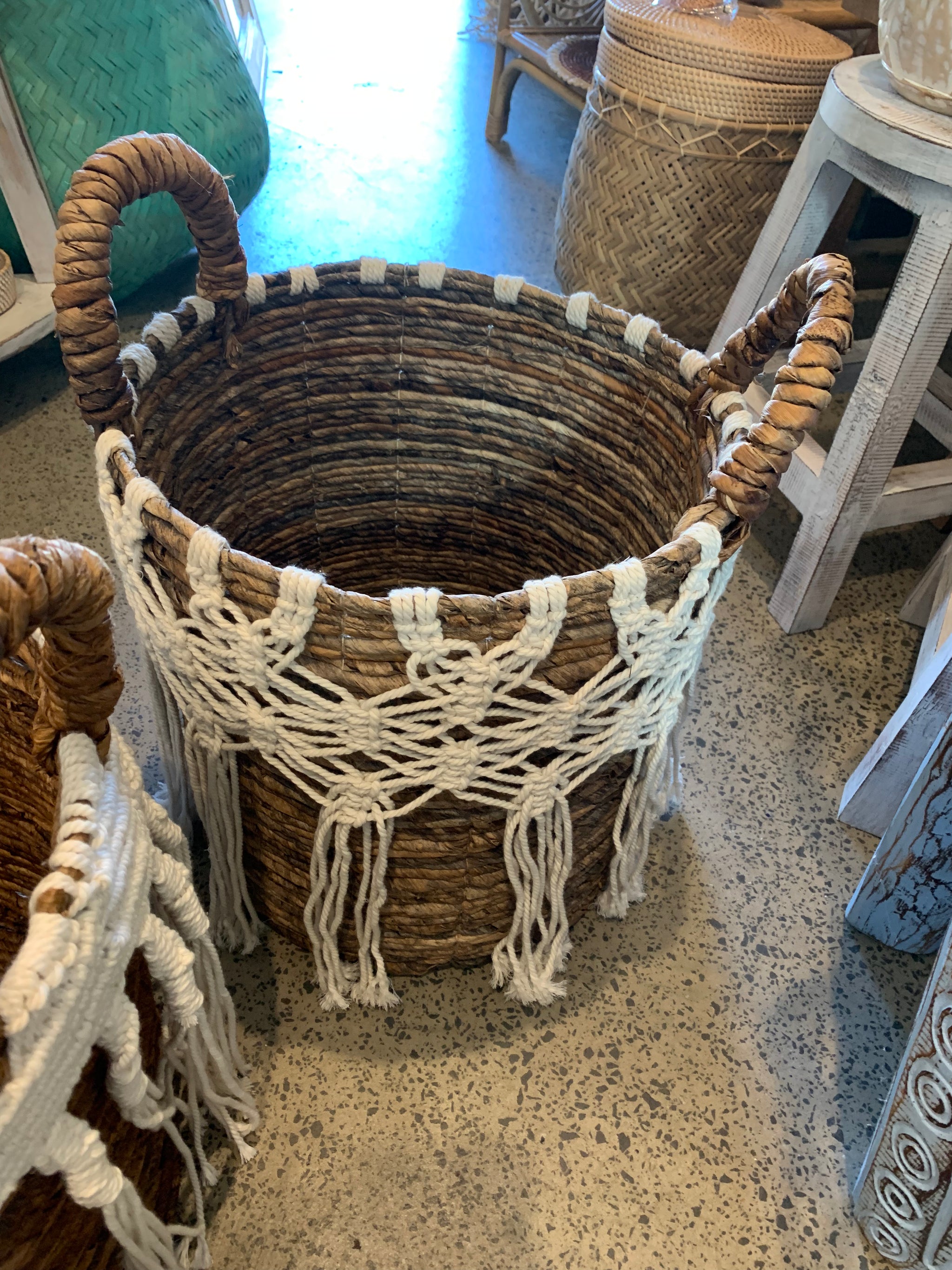 Set 3 woven baskets natural with macrame. Usually $165