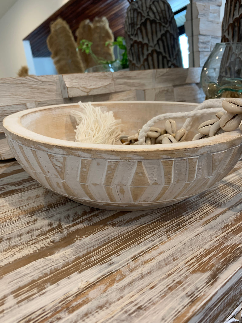 White wash timber handcarved timber bowl. Large