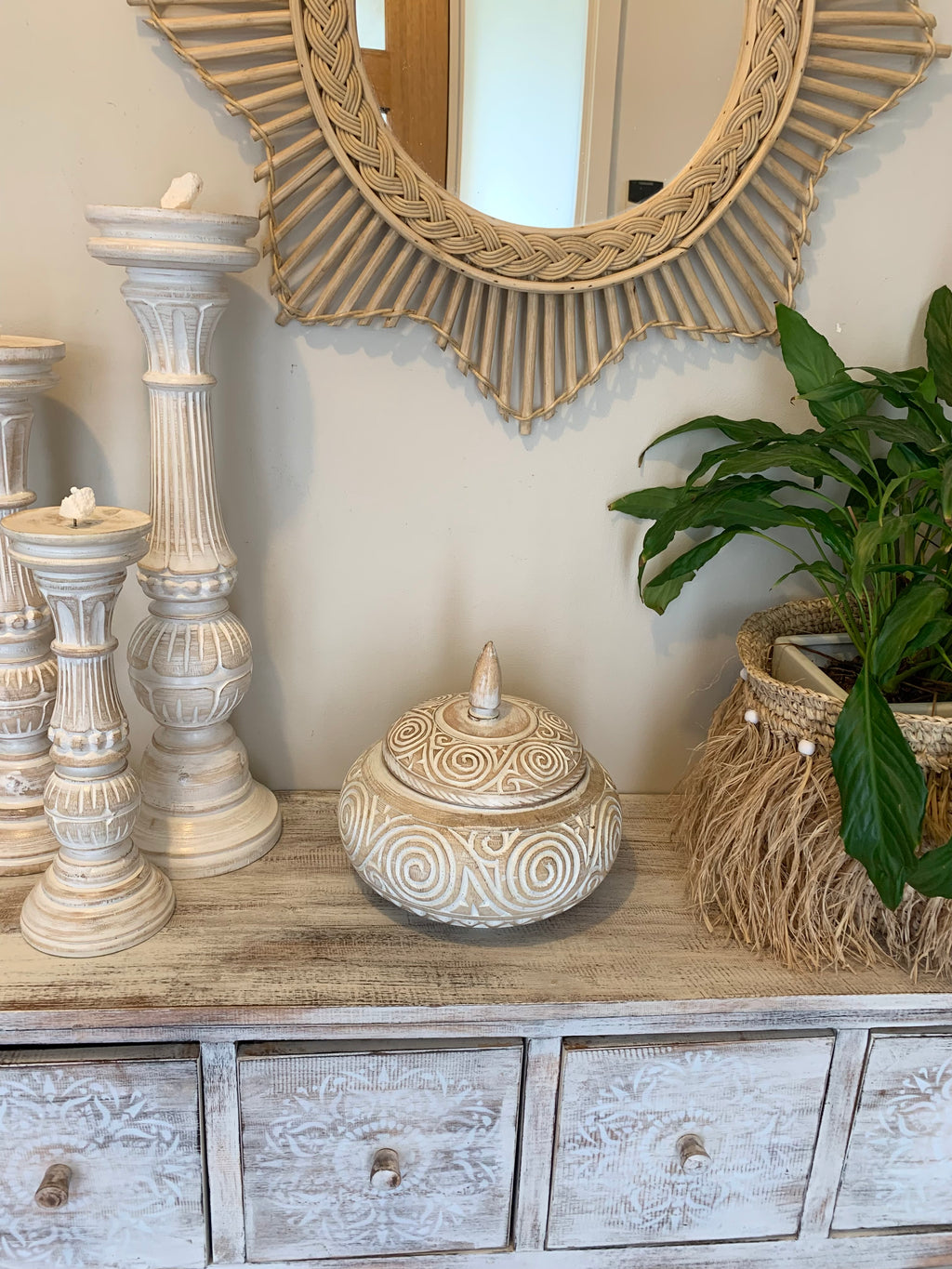 Large container with lid. Carved swirl pattern white wash