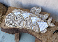 Shell fish hanging / decoration. White and natural. Set of 4