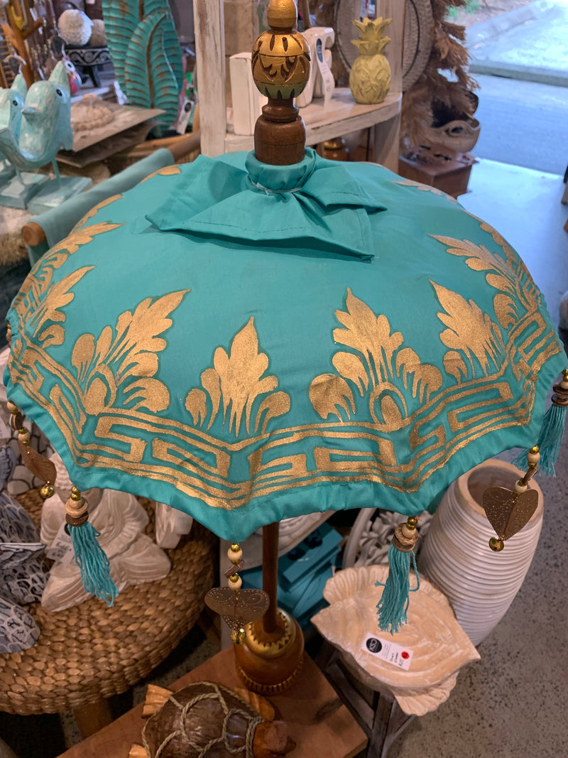 Tabletop Umbrella with painted design. Turquoise EOFY sale. Usually $60