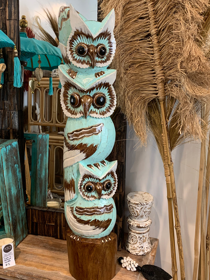 Large timber owl. Handpainted. Aqua. 80cm