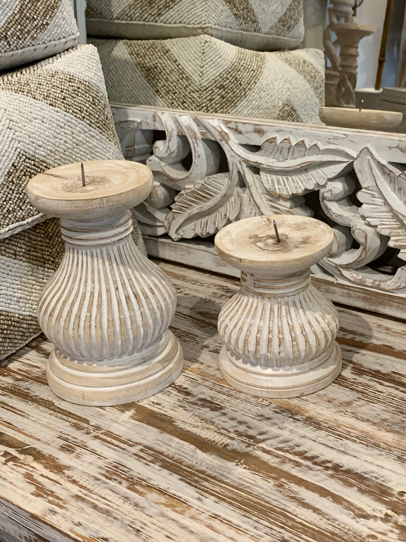 Set of 2 white wash timber candle holders.