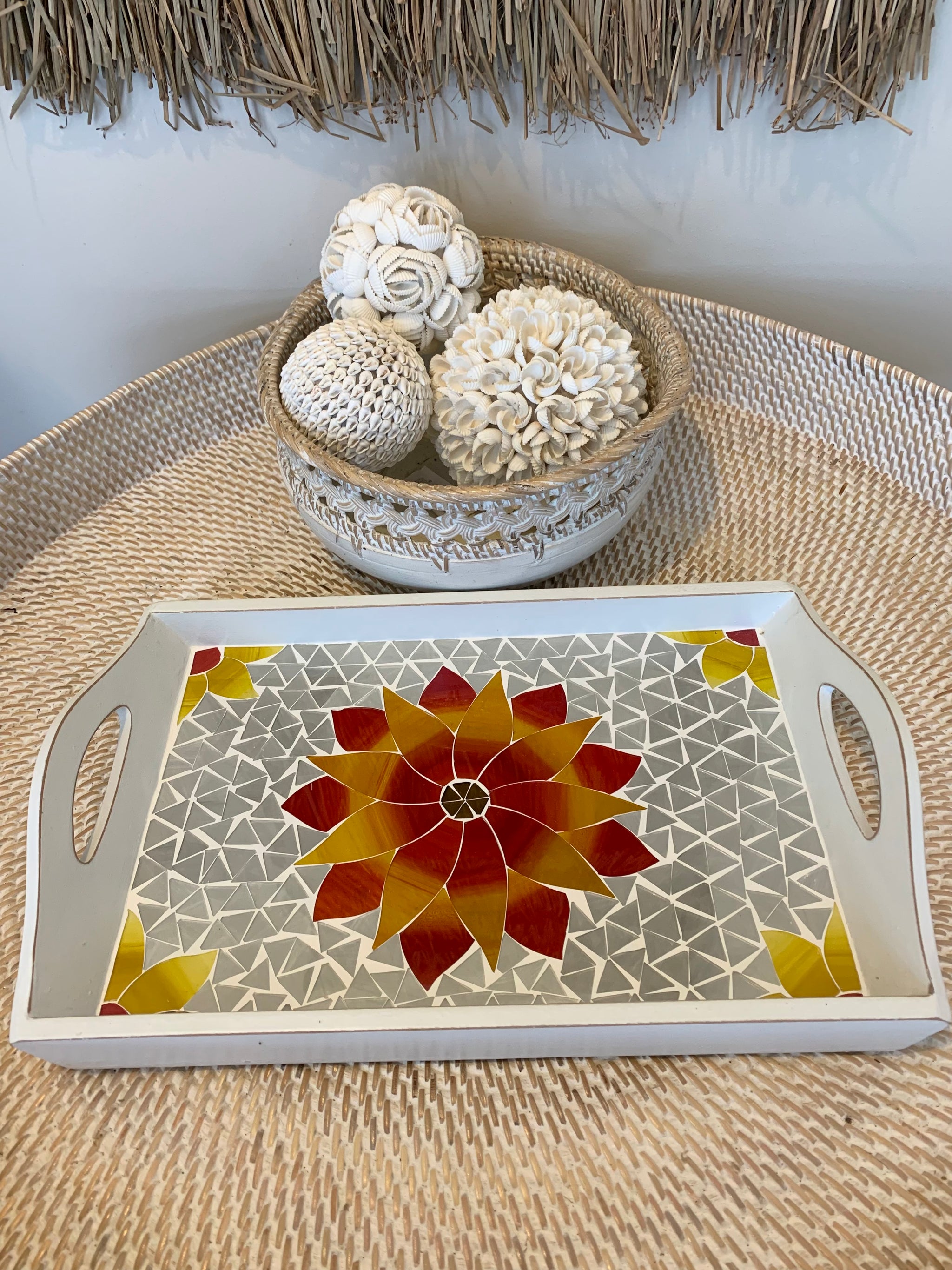 Red flower timber mosaic tray.  Usually $40