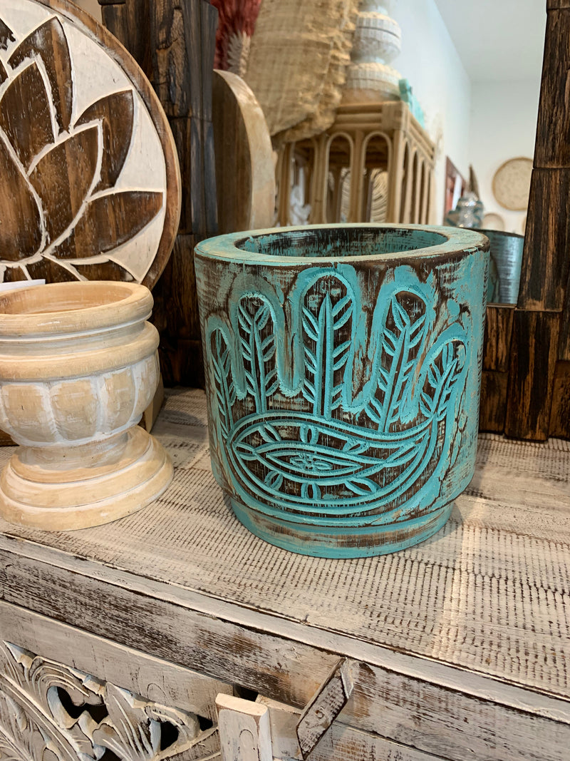 Turquoise / green timber vase / pot. Hamsa hand carving