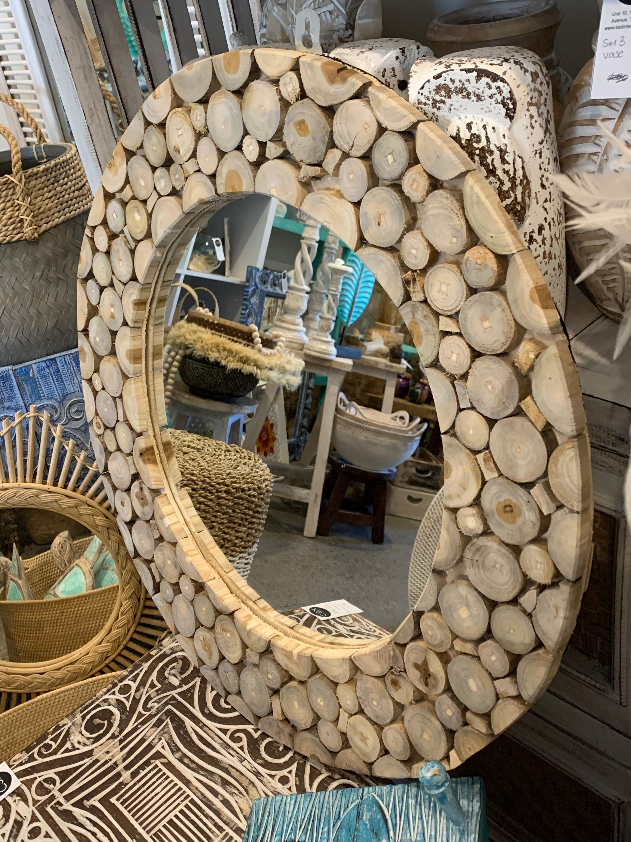 Round timber mirror. Circle design