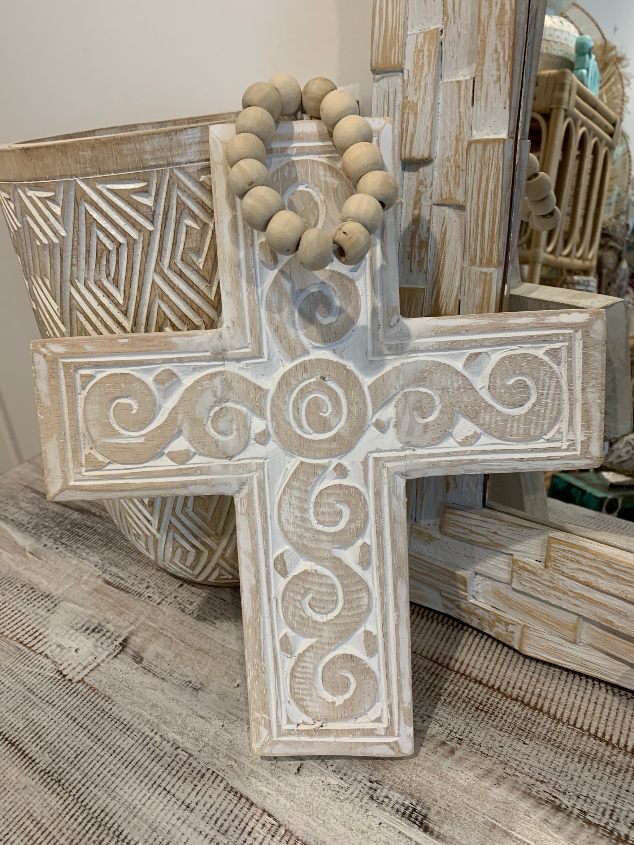 Natural carved timber cross and beads