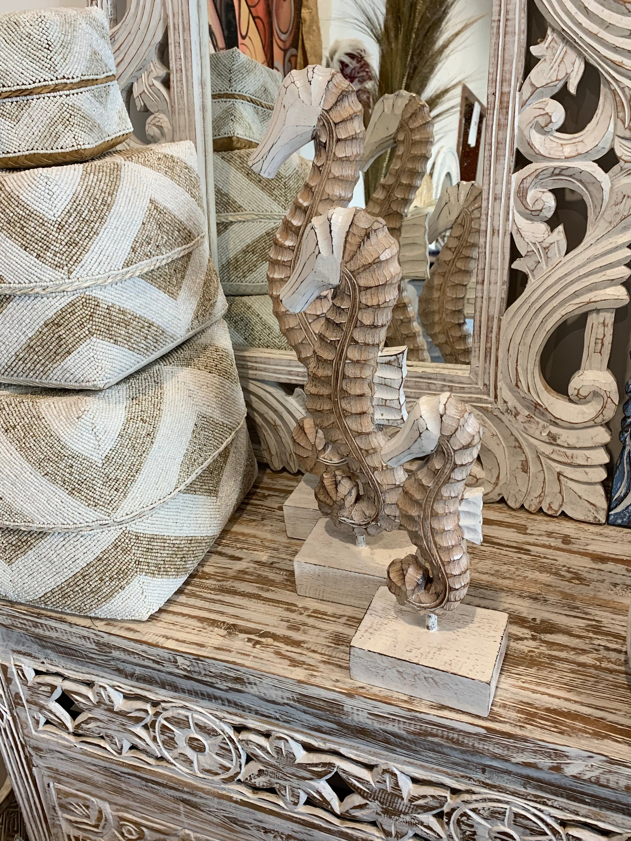 Handcrafted set of 3 timber seahorse. Natural with white heads