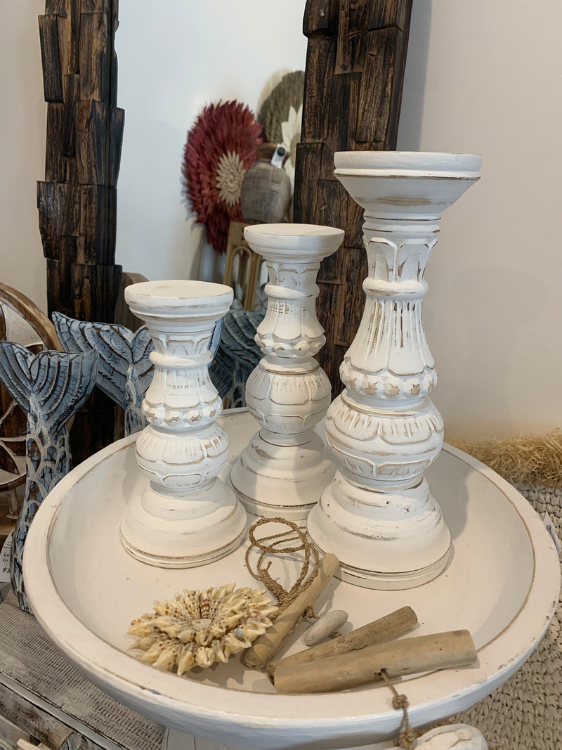 Rustic white timber candlesticks. Set 3