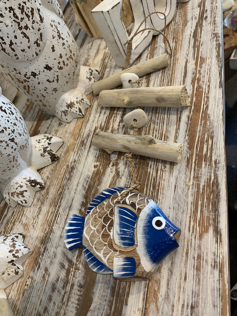 Handpainted timber fish wall hanging. Dark blue