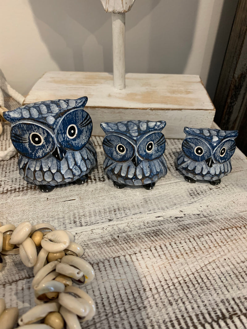 Blue timber owls. Set 3. Handpainted and handcarved.