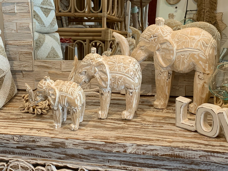 Set 3 timber handcarved elephants white wash.