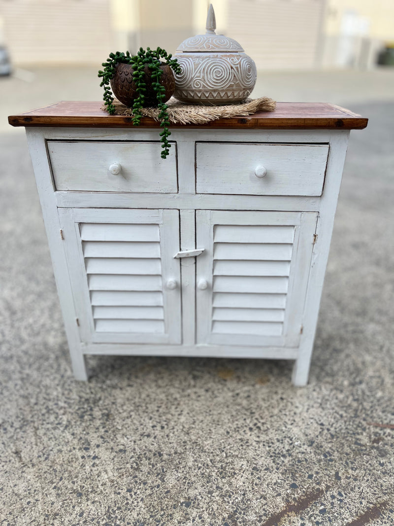 Rustic white cabinet with natural top cabinet / cupboard