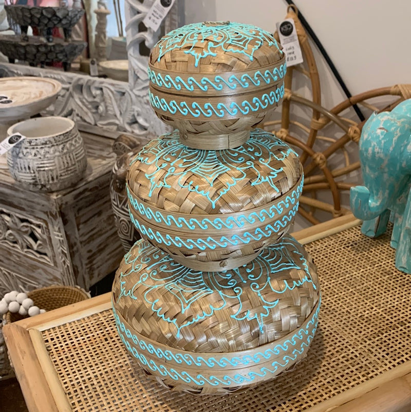 Natural and Turquoise set 3 container with lids. Hand painted mandala. Usually $95