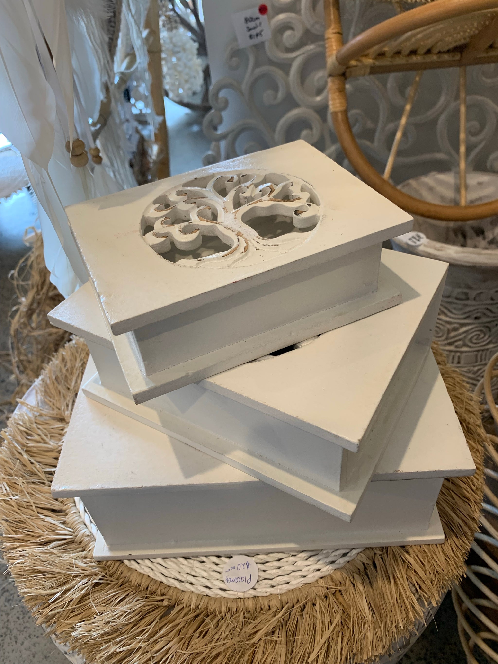 Set of 3 Carved tree of life white boxes with hinged lid. Jewellery / storage. Free postage