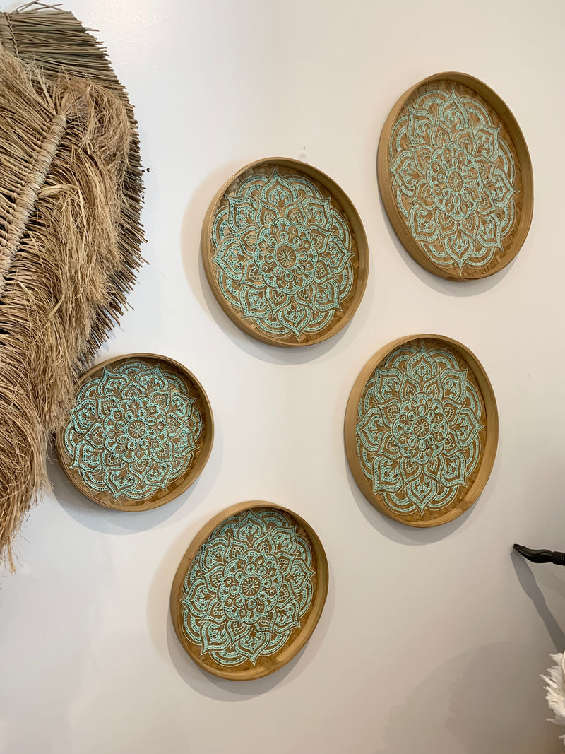 Natural handpainted mandala wall platters. Set of 5