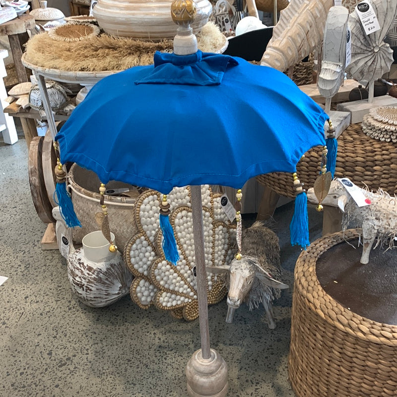 Blue Tabletop Umbrella with plain design. EOFY sale. Usually $50