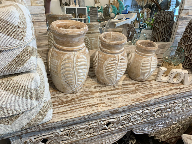 Set 3 white wash carved timber vases