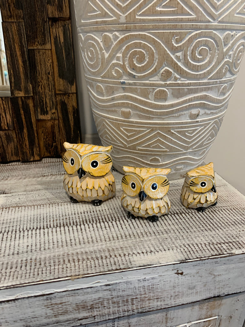 Yellow timber owls. Set 3. Handpainted and handcarved.