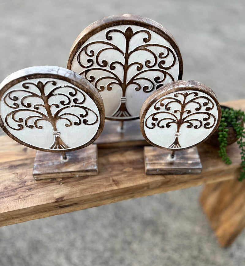 Set of 3 tree of life on stands. Timber