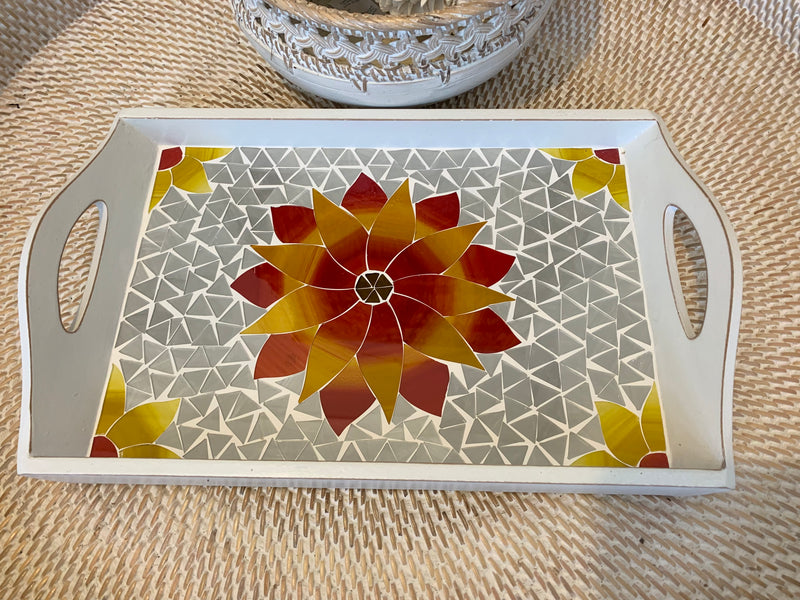 Red flower timber mosaic tray.  Usually $40