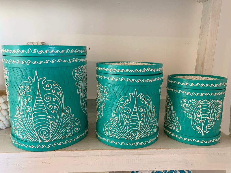 Set of 3 turquoise handpainted mandala baskets. Usually $80