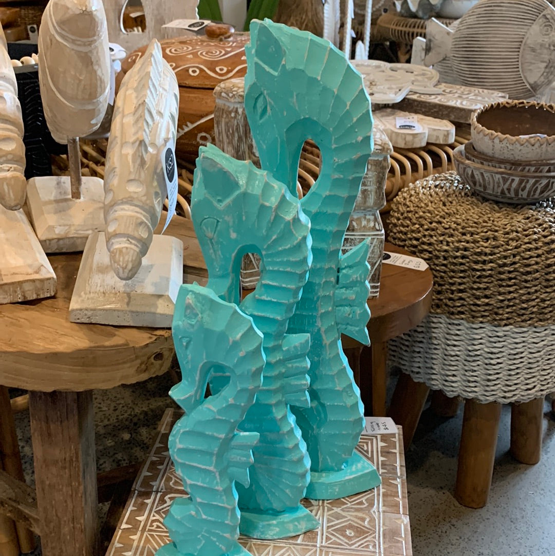 Handcrafted set of 3 timber seahorse. Turquoise