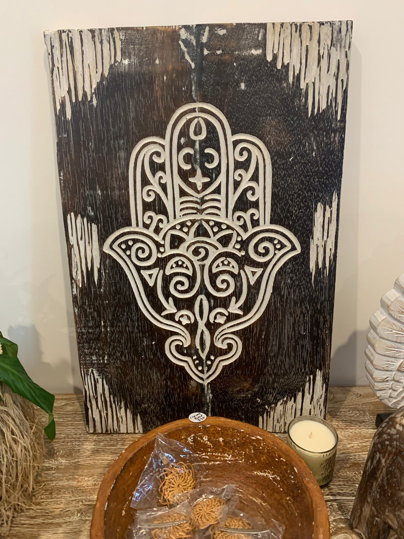 Hamsa hand handcarved timber panel wall hanging.