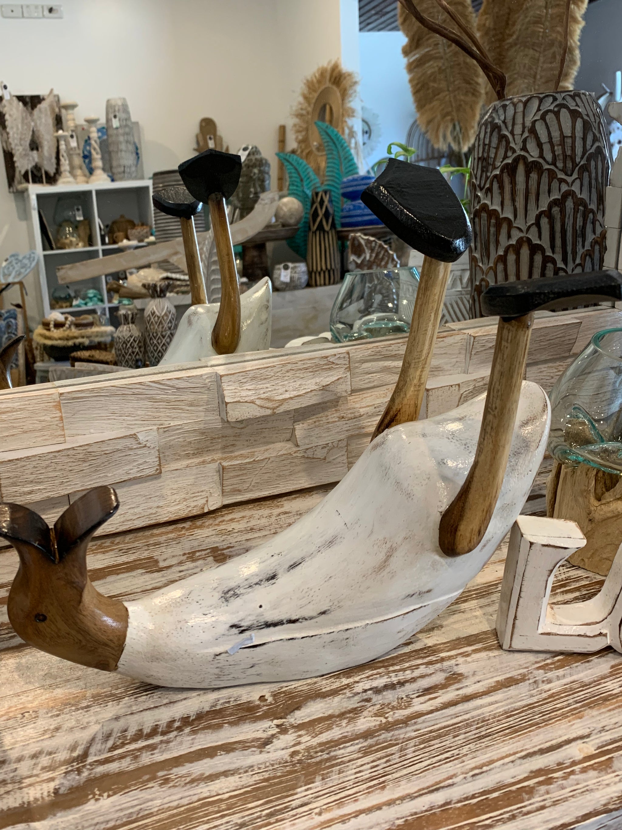 White timber duck wine holder. - Bali Beach Beyond