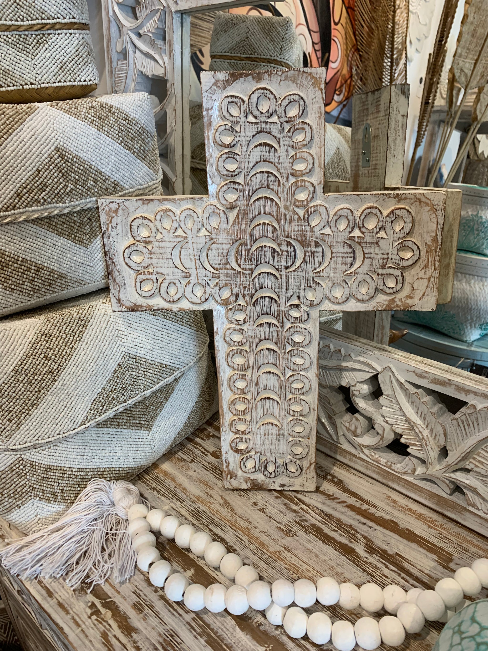 Handcarved timber cross. White wash