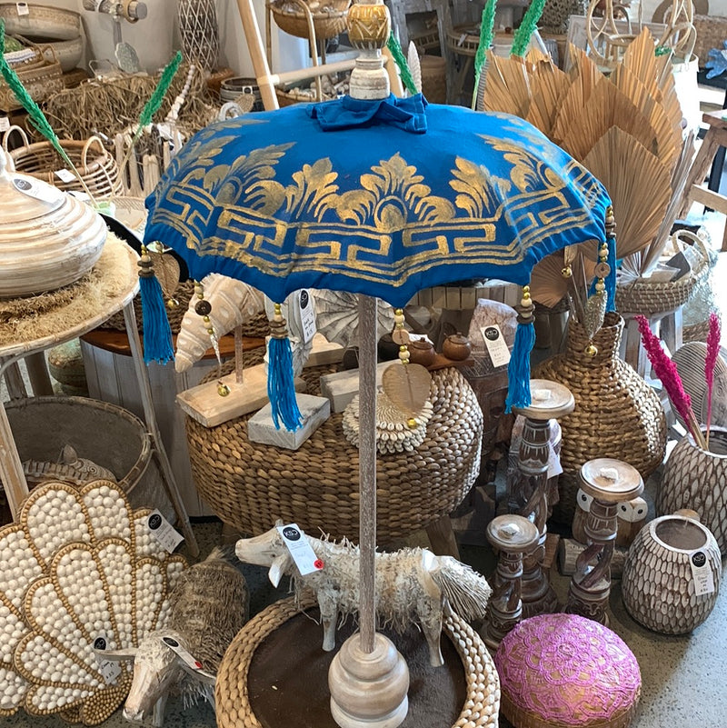 Blue Tabletop Umbrella with gold handpainted design. EOFY sale. Usually $60