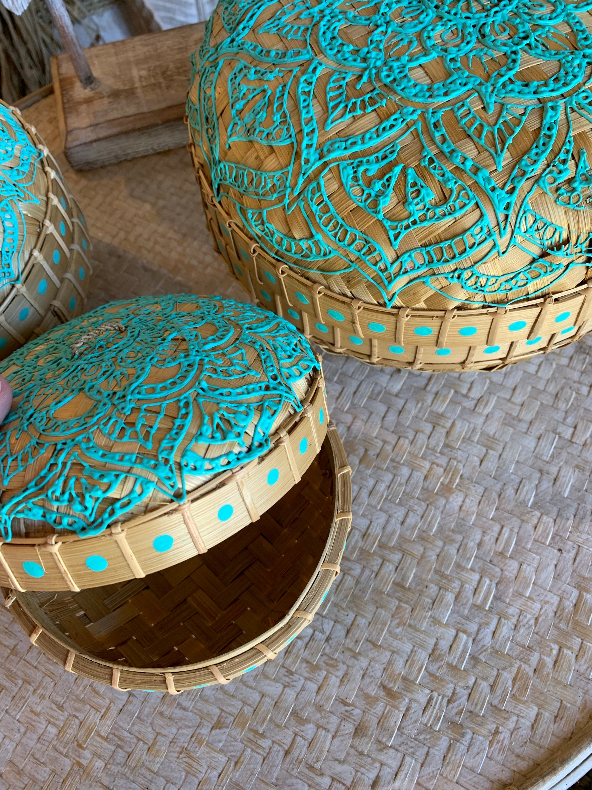 Set 3 containers and lids. Turquoise detail. Usually $95